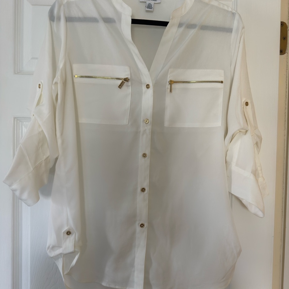 Calvin Klein White Button-Up Blouse with Gold Accents Size M